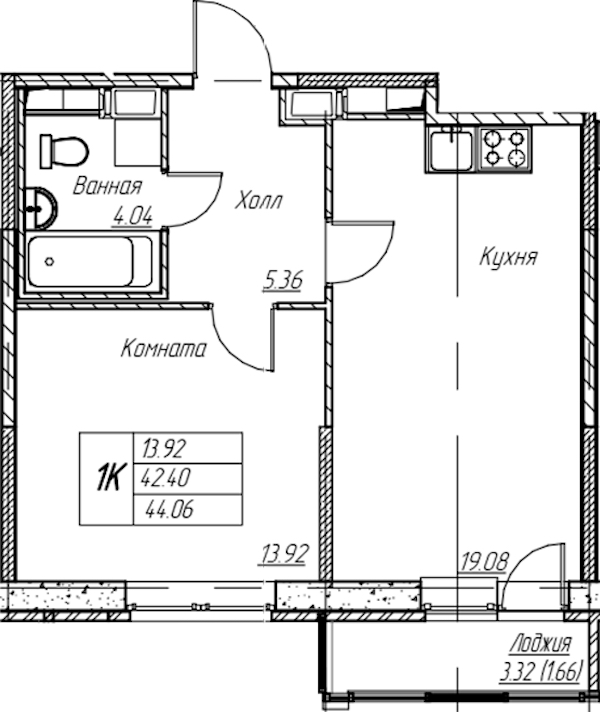 1-комнатная квартира 44.06 м², 11/22 эт., ЖК «Парк-квартал Юнтолово»